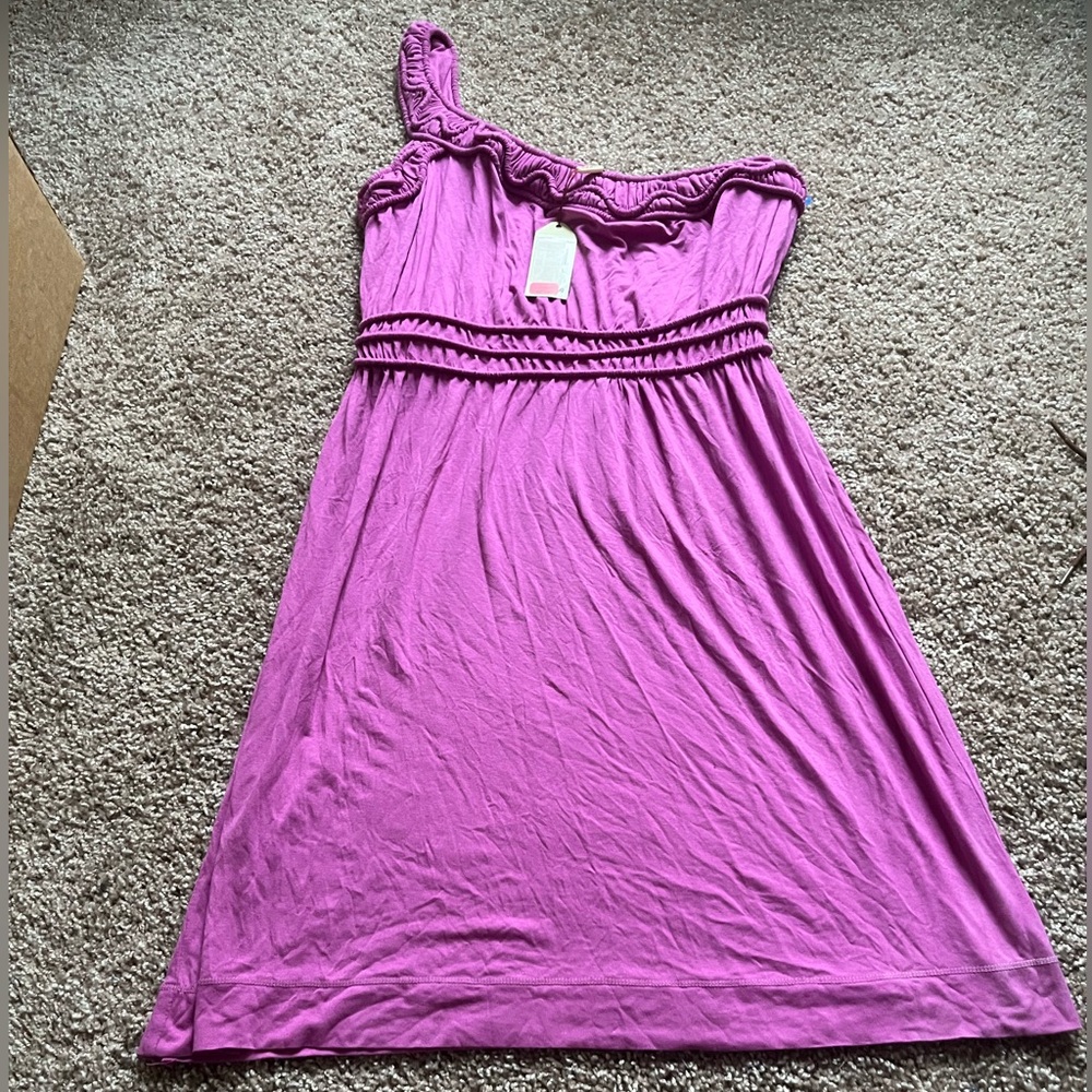 Max Studio Pink and Purple Asymmetrical Ruched Sundress